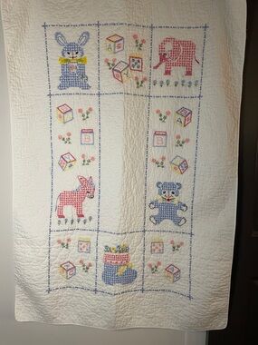 Handmade CROSS STICH Embroidered Baby Quilt with Bunnies, Elephant & Teddy
